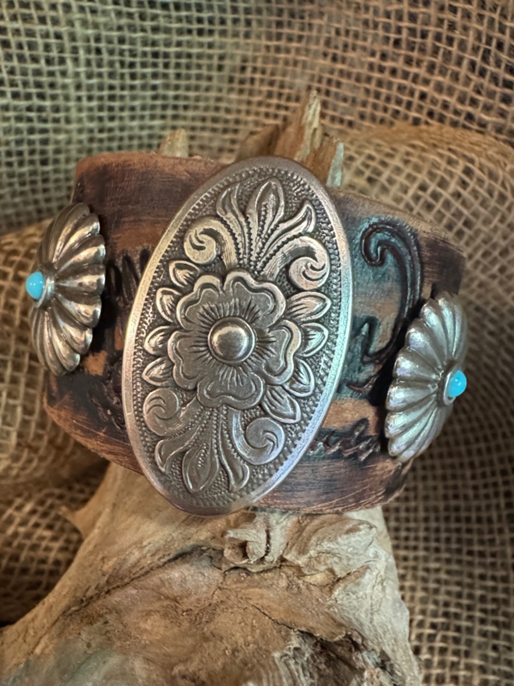 OOAK Turquoise Accent Brown Genuine Leather Cuff Bracelet